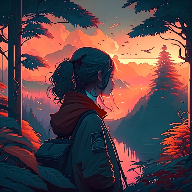 a girl in the woods looking at the sunset