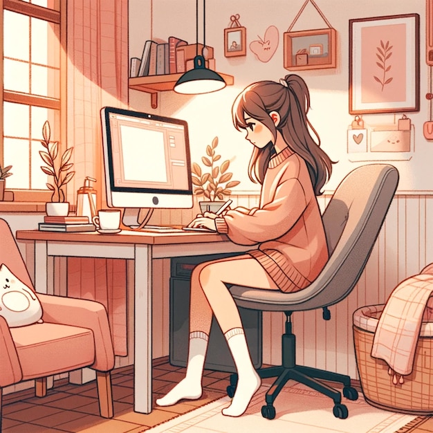 Girl working at a computer in a cozy home environment illustration
