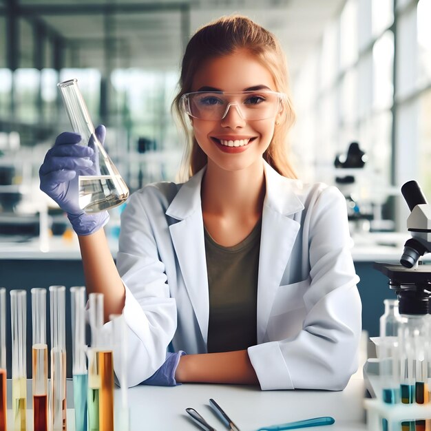 Girl working with flask in a laboratory