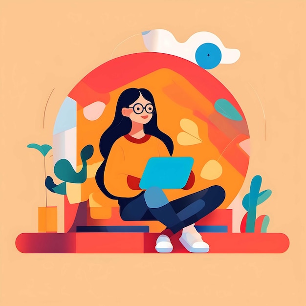 Photo a girl working with a laptop flat illustration concept