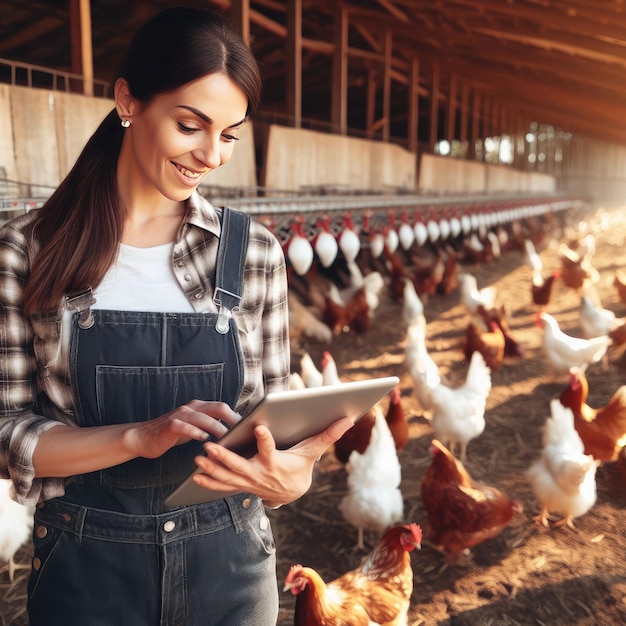 girl working writing on a tablet on a farm