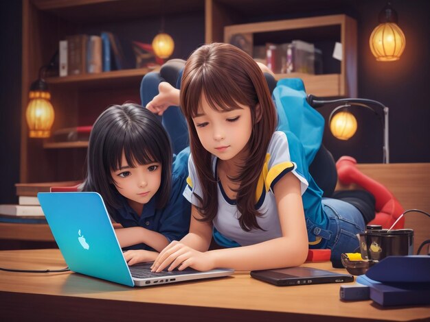 The girl works with laptop at desk 3d rendering