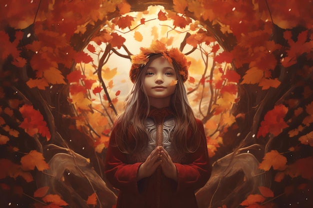 A girl in a wreath of autumn leaves