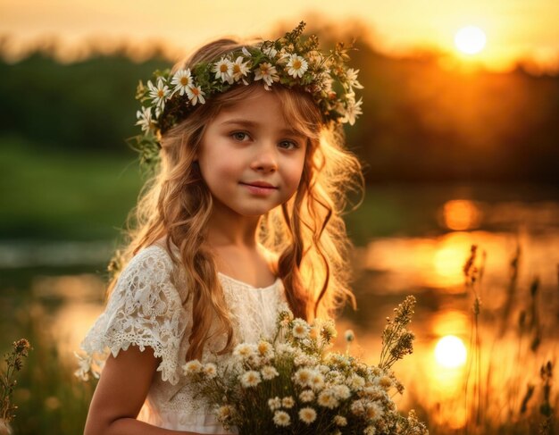 Girl in a wreath in a flower field near the water Slavic holiday of Ivan Kupala Generation of AI