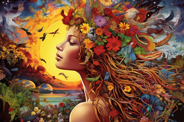 Girl in a wreath of flowers on the background of nature