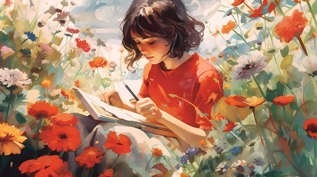 女の子が花畑で絵を書いています。