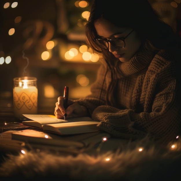 Photo a girl writing in a book with a candle in the background