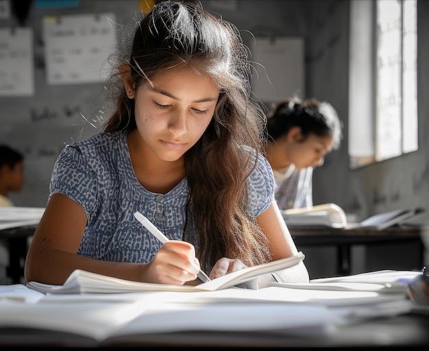 Photo girl writing exam in the classroom ai generated