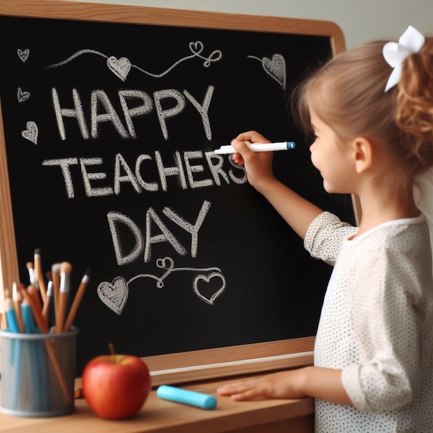 Девушка пишет "Счастливого Дня учителя" на доске.