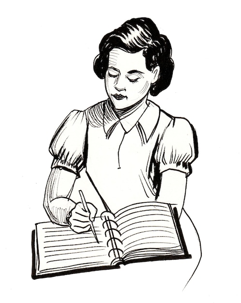 Girl writing in a notebook. Ink black and white drawing