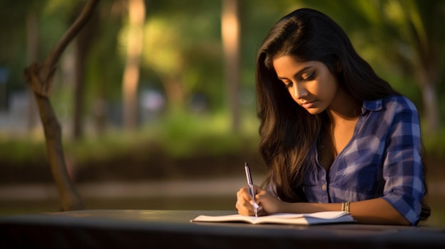 A girl writing in a notebook with a pen in her hand