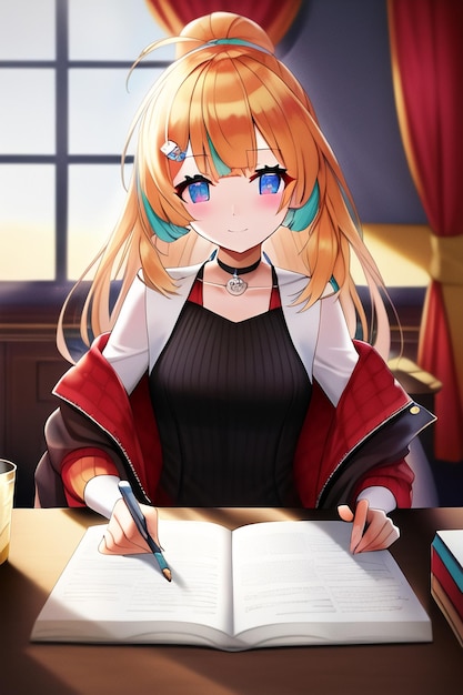 A girl writing in a notebook with a pen