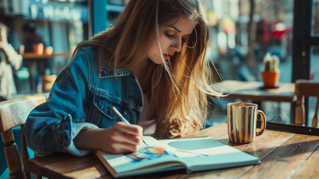 Photo a girl writing in a notebook and writing on a table