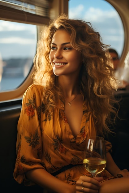 Girl on yacht sea cruise vacation enjoying wine