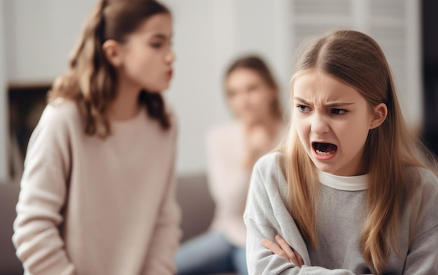 A girl yelling at a girl with her arms crossed.