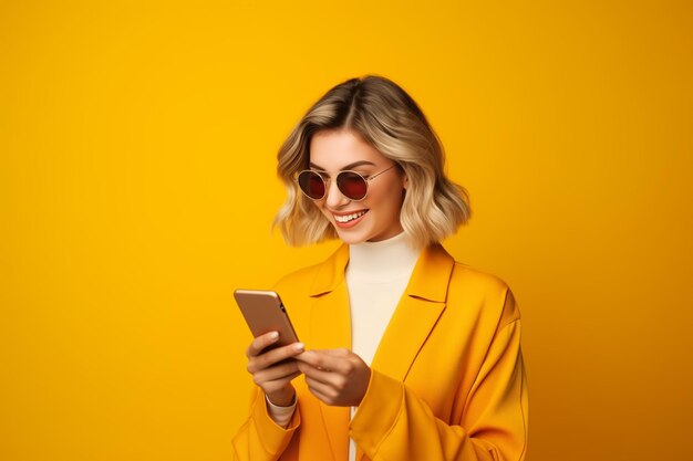 A girl in yellow clothes on a yellow background looks at a smartphone and smiles widely