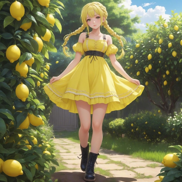 a girl in a yellow dress is standing in front of a lemon tree