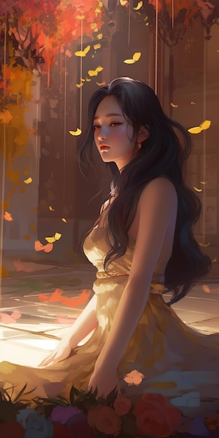 A girl in a yellow dress sits in front of a window with leaves on it.