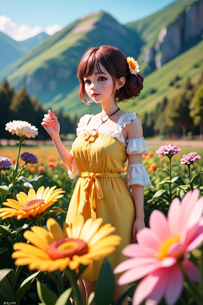 A girl in a yellow dress stands in a field of flowers.