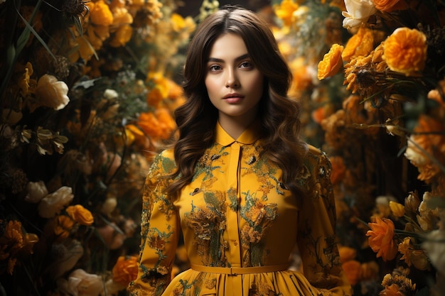 the girl in the yellow dress in the sunflower garden