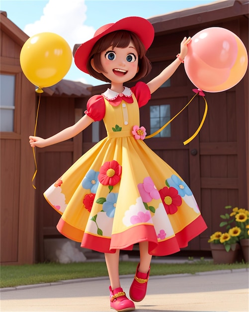 a girl in a yellow dress with balloons and a red hat with a yellow ribbon.