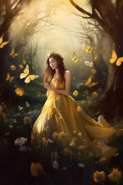 A girl in a yellow dress with butterflies on her head