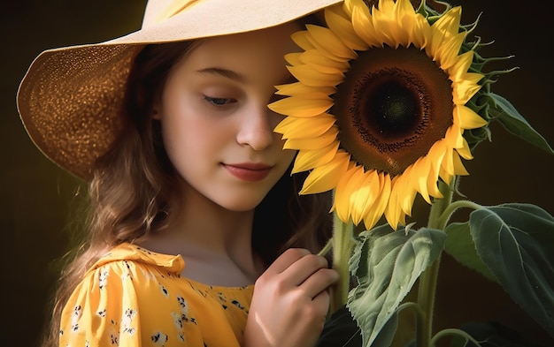 A girl in a yellow hat holds a sunflower in front of her face