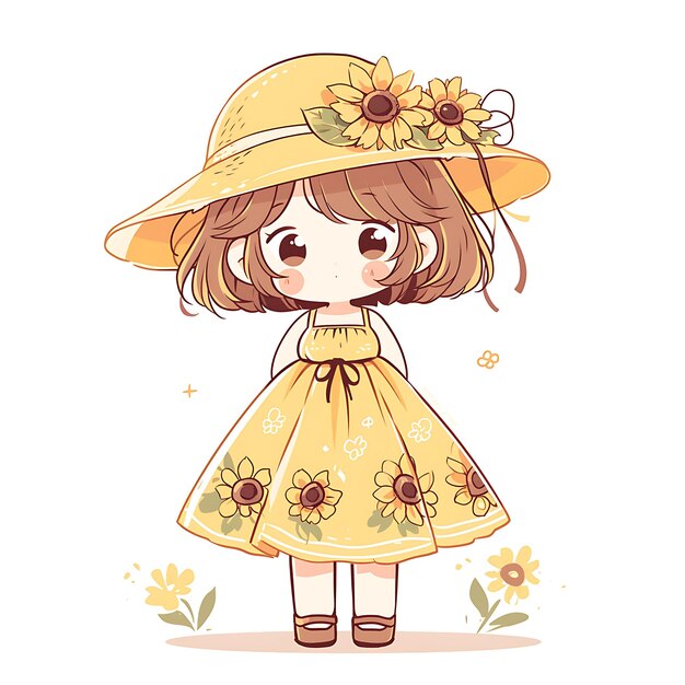 a girl in a yellow hat with flowers on her head