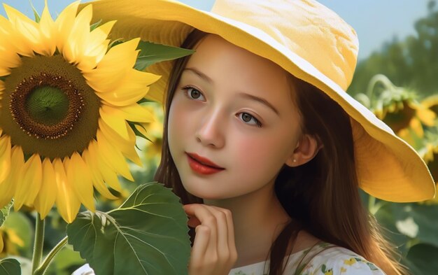 A girl in a yellow hat and a yellow sunflower