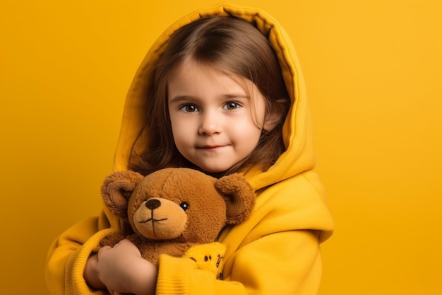 A girl in a yellow hoodie holds a teddy bear.