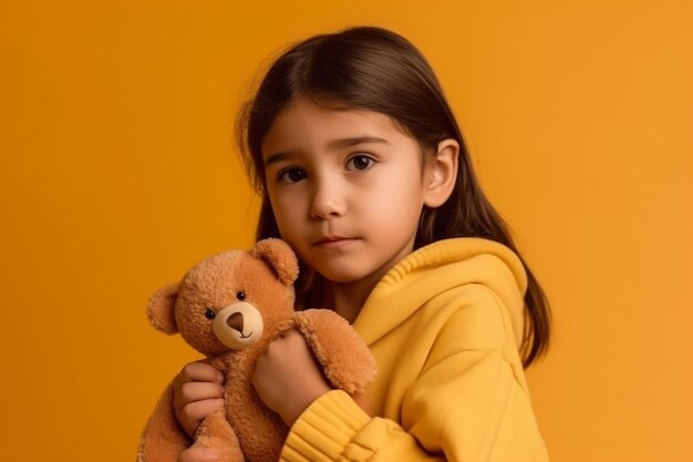 A girl in a yellow hoodie holds a teddy bear.