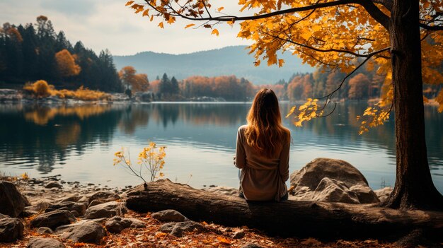 木製の湖に座っている黄色いジャケットの女の子