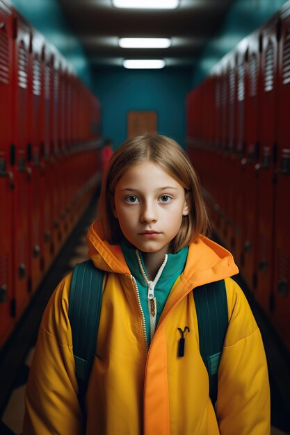 A girl in a yellow jacket stands in a hallway with red lockers in the background.