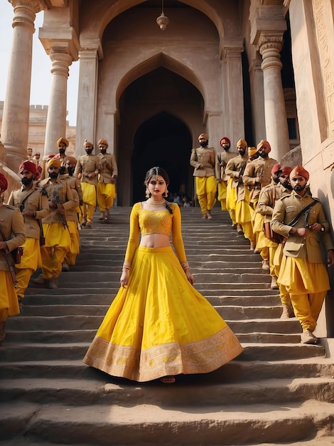 Photo a girl in a yellow lehenga is walking down the royal stairs followed by many army men