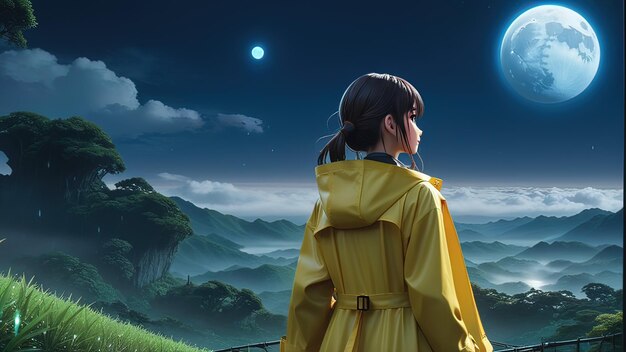 A girl in yellow observes a luminous moonlit landscape