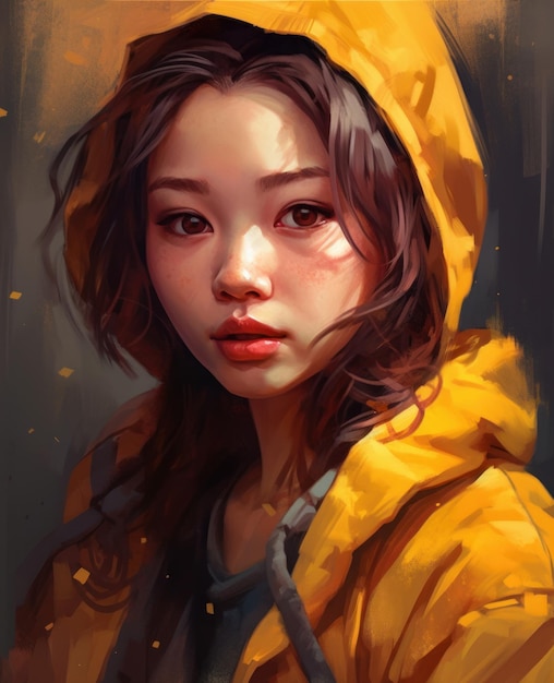 A girl in a yellow raincoat with a black shirt and a yellow hood.