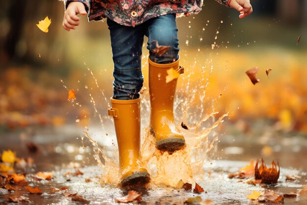 A girl in yellow rubber boots runs through autumn puddles