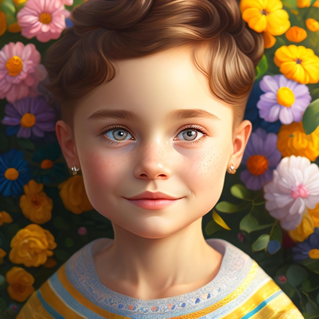 A girl in a yellow shirt and blue eyes stands in front of a flower field.