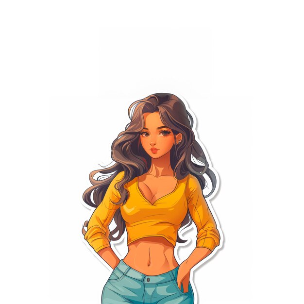 Photo girl in yellow shirt and blue jeans generative ai