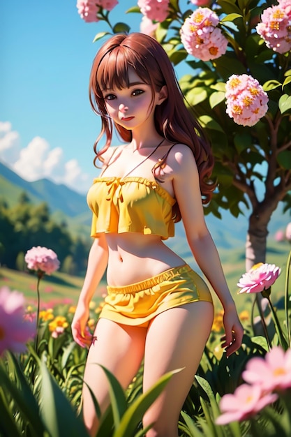 Девушка в желтых шортах стоит в поле цветов.