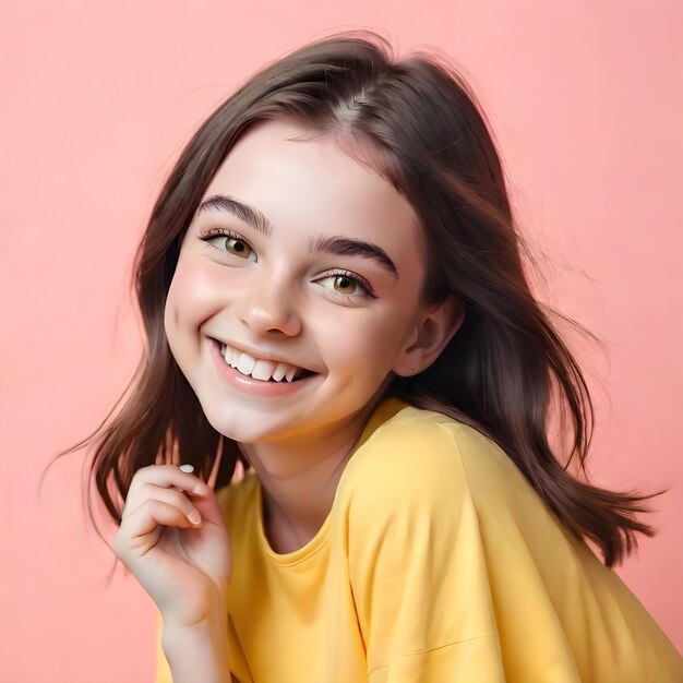 Girl in yellow smiling on pastel background