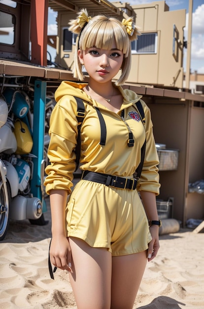 A girl in a yellow suit with a star on the front.