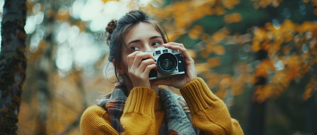 A girl in a yellow sweater is taking a photo of the fall foliage