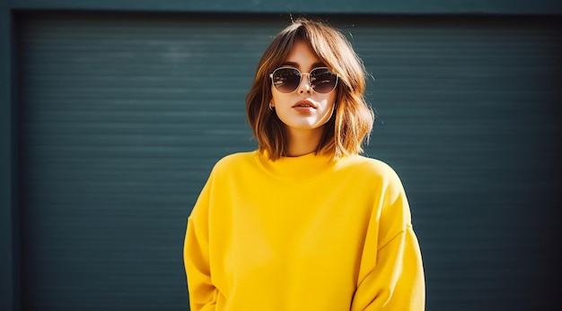 Girl in an yellow sweatshirt wear sunglasses