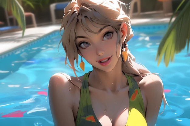 A girl in a yellow swimsuit with a green top and yellow eyes sits in a pool