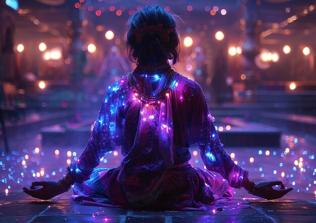 a girl in a yoga pose with the lights on her head