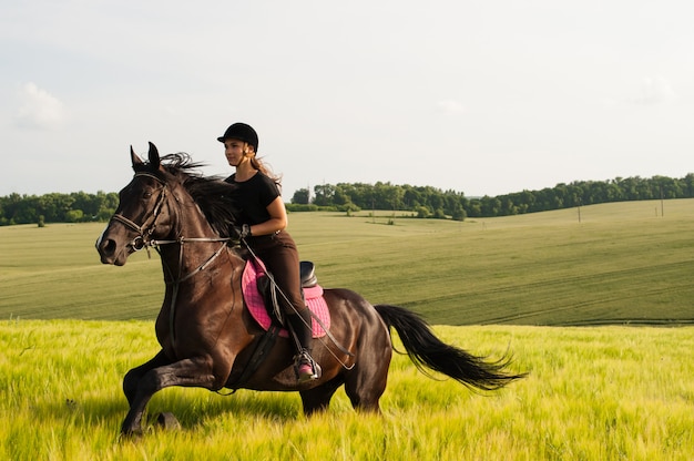 自然の中で少女と若いスポーツ馬