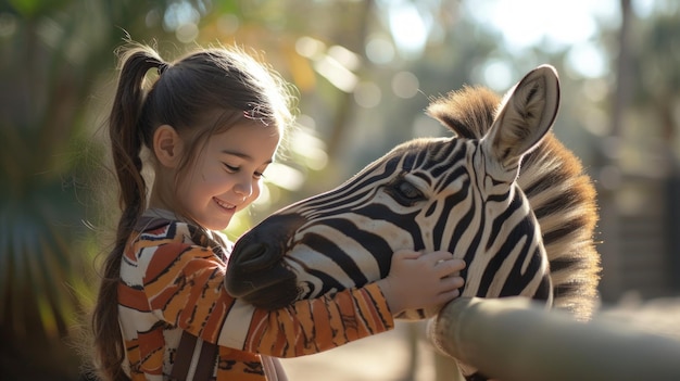 Photo girl at the zoo petting a zebra