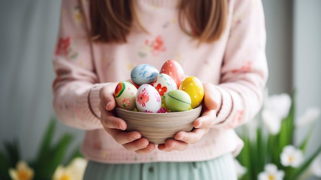 girl39s hands holding a bowl with painted Easter eggs studio background with flowers