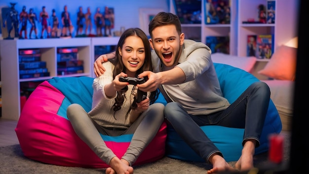 Girlfriend and boyfriend playing video games together at home